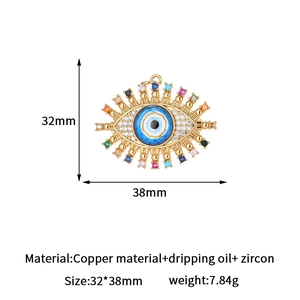 Blue Evil Eye pendant in 14K gold plated copper with zircon accents, 32x38mm size