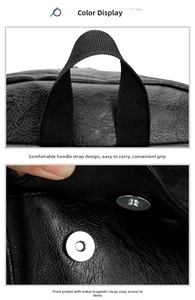 Detail of sturdy woven handles and silver magnetic snap closure on the black travel backpack
