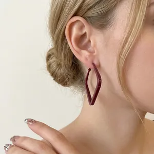 Burgundy geometric diamond-shaped glossy lacquer earrings for women stylish jewelry
