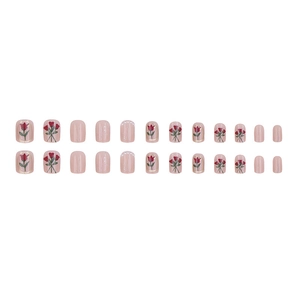 Short square press-on nails in nude pink with red tulips and mini pearl embellishments