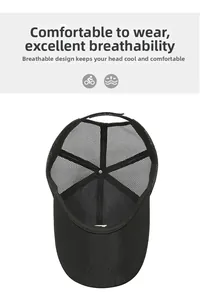 Detail view of breathable black mesh baseball cap with lightweight quick-dry fabric