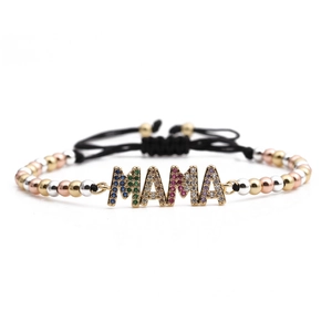 Adjustable MAMA bracelet with colorful zircon letters and tricolor metal beads