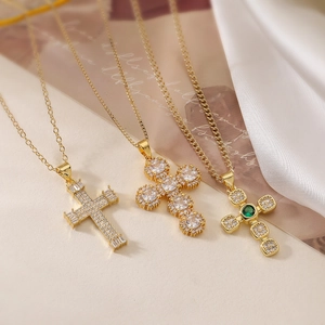 Cross Pendant Necklace Copper 18K Gold Plated Zircon Vintage Luxury Style Religious Jewelry For Women