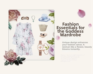 Mise à plat d'une robe fleurie avec accessoires d'été incluant bracelet abeille et montre