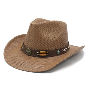 Cappello da cowboy in paglia marrone con fascia decorativa di perline e logo a toro