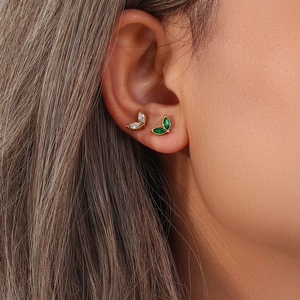 Minimalist five-petal flower stud earrings with green and white marquise zircon stones