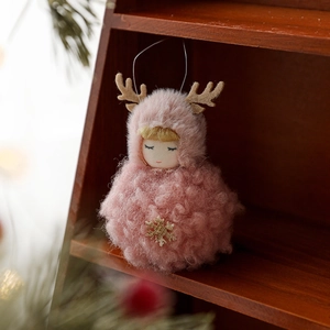 Pink plush Christmas angel doll with reindeer antlers for festive holiday tree decoration