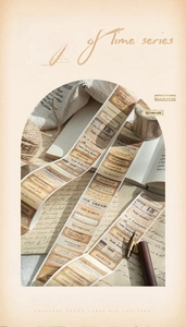 Macro detail of vintage label theme washi tape with retro typewriter font and illustrations