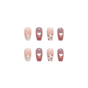 Short ballet press-on nails featuring burgundy gradient heart and cow patterns