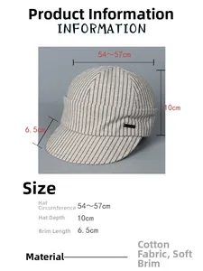 Detailed size chart infographic for women's striped cotton newsboy cap measurements