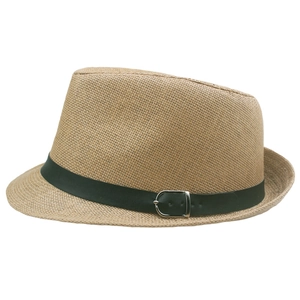 Detail of summer straw fedora hat featuring a dark green faux leather band and silver buckle