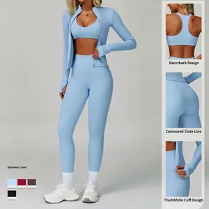 Completo yoga 3 pezzi celeste con giacca a zip, reggiseno sportivo e leggings a vita alta