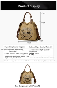 Detailed size specifications and parameters table for the canvas tote handbag