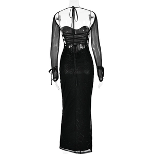 Vue détaillée du dos nu avec manches en maille et nœuds délicats sur la robe noire