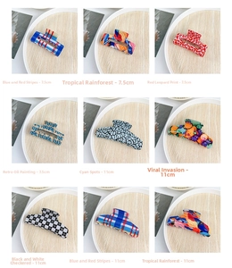 Detailed grid view of 9 acetate hair claws in various tropical and floral patterns