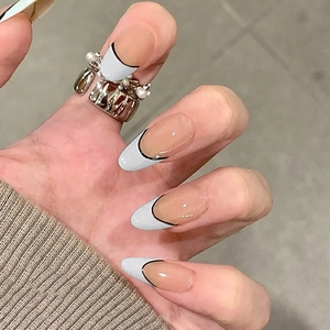 French Style Almond Shape Press On Nails Nude Pink Light Blue Gradient Glossy Long Nails For Women Elegant Manicure