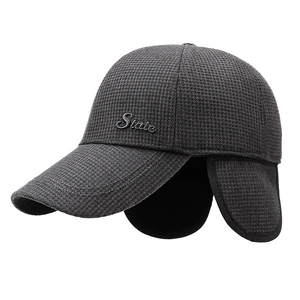 Men's winter thick fleece baseball cap with ear flaps in grey checkered pattern