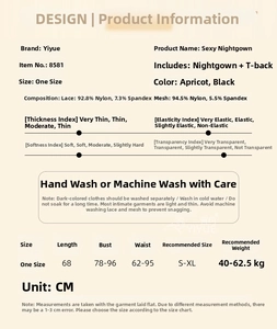 Detailed size chart and fabric composition for sexy lace mesh lingerie nightgown set