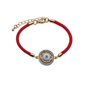 Adjustable red string Evil Eye bracelet with blue zircon and gold plating