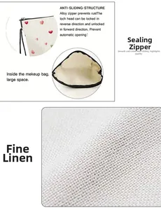 Detail of linen makeup bag showing smooth alloy zipper and spacious interior storage