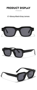 Three-angle view of vintage rectangular sunglasses with glossy black frames and grey lenses