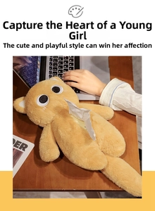 Ginger plush cat tissue box cover with cute ears on a wooden desk setup