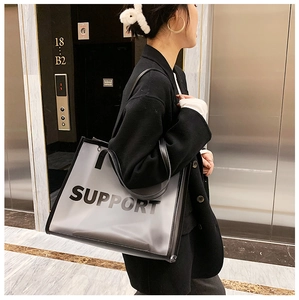 Detail of transparent tote bag with black PU leather handles and Support text print