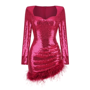 Rose red sequin party dress featuring ostrich feather hem and slim fit long sleeve design