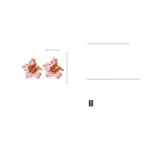 Detailed specs of pink floral earrings with red dots, size 4x4cm and alloy material