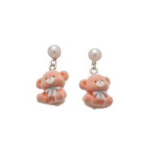 Pink flocked bear stud earrings with white pearls and blue bow accents for women