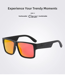 Detailed view of square wood grain texture sunglasses with orange polarized lenses