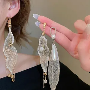 Elegant pearl drop earrings with long mesh tassels and silver needle in palace style