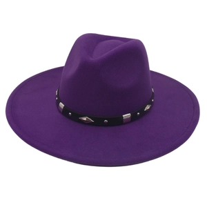 Detail of purple wide brim fedora hat with silver rivets on a black leather band