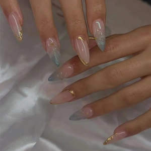 Unghie Finte Forma A Mandorla Sfumatura Rosa Blu Foglia D'oro Marmo Lucido Rimovibile Elegante Decorativo