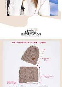 Size guide for women's knitted beanie and scarf set with detailed dimensions in centimeters