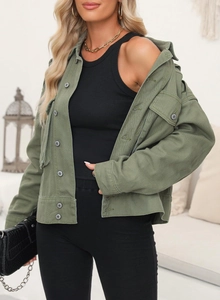Armeegrüne verkürzte Workwear-Jeansjacke mit Knöpfen und Taschen für Damen