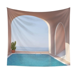Detail eines mediterranen Wandteppichs mit Rundbogen, Pool und Küstenlandschaft