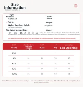 Size chart for slim fit yoga shorts showing material blend and manual measurements