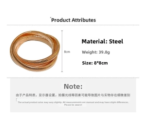Detailed specs of gold multi-layer elastic bangle made of steel, size 8x8cm and 39.8g weight