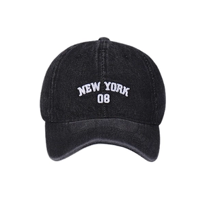 Washed black denim baseball cap with 3D white New York 08 embroidery on front