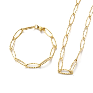 Stainless Steel Rippled Oval Link Necklace And Bracelet Jewelry Set Shimmering Clavicle Chain For Women