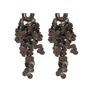 Chic gunmetal U-shaped tassel earrings featuring layered metallic sequins on white background