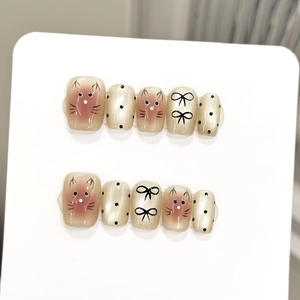Press On Nails Cat Eye Short Coffin Cute Cat Hand Painted Polka Dot Bowknot Sweet Style Artificial False Nails