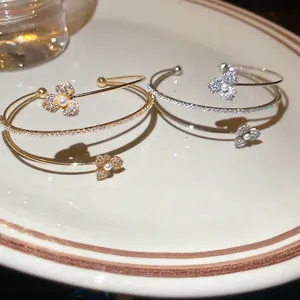 Elegant gold and silver multi-layer open bracelets with zircon flowers and pearls