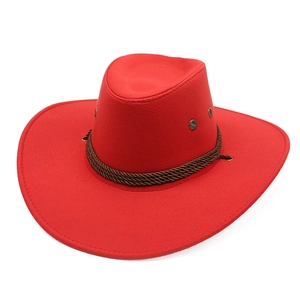 Close-up of red suede cowboy hat featuring woven brown rope and metallic rivet accents