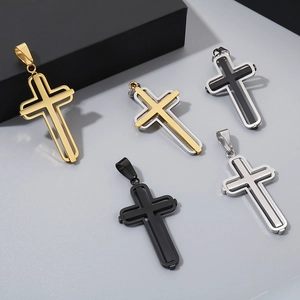 Detailed collection of five stainless steel cross pendants in gold, silver, and black finishes