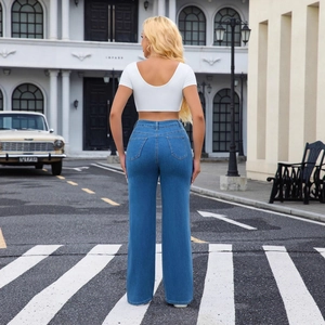 Back view of women's high-waisted wide-leg blue denim jeans for a stylish street look