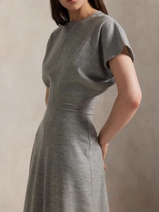 Elegant grey short sleeve slim fit knit maxi dress with pleated waist for women
