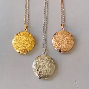 Vintage Embossed Lotus Flower Locket Necklace For Women Stainless Steel Round Openable Photo Frame Pendant Necklace Jewelry