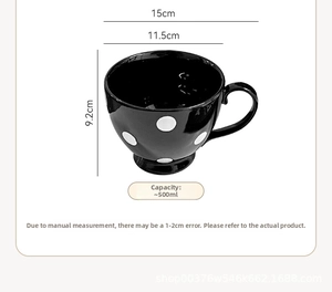 Mug vintage nordique en céramique noire à pois blancs avec anse ronde de 500 ml